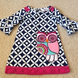 Excellent condition Navy Geometric Dress with Pink Owl Appliqué